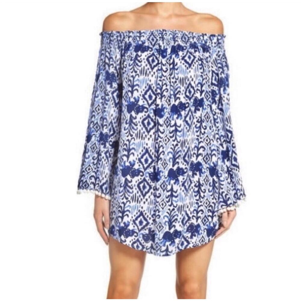 Lilly Pulitzer Nita Off The Shoulder Tasseled Long Sleeve Mini Dress Blue XS